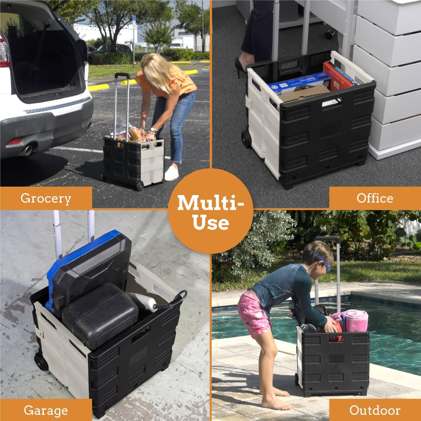 Inspired Living Ultra-Slim Rolling Collapsible Storage Pack-N-Roll Utility-carts, with Telescopic Handle, for Home, Garden, Shopping, Office, School use, Medium, White & Black