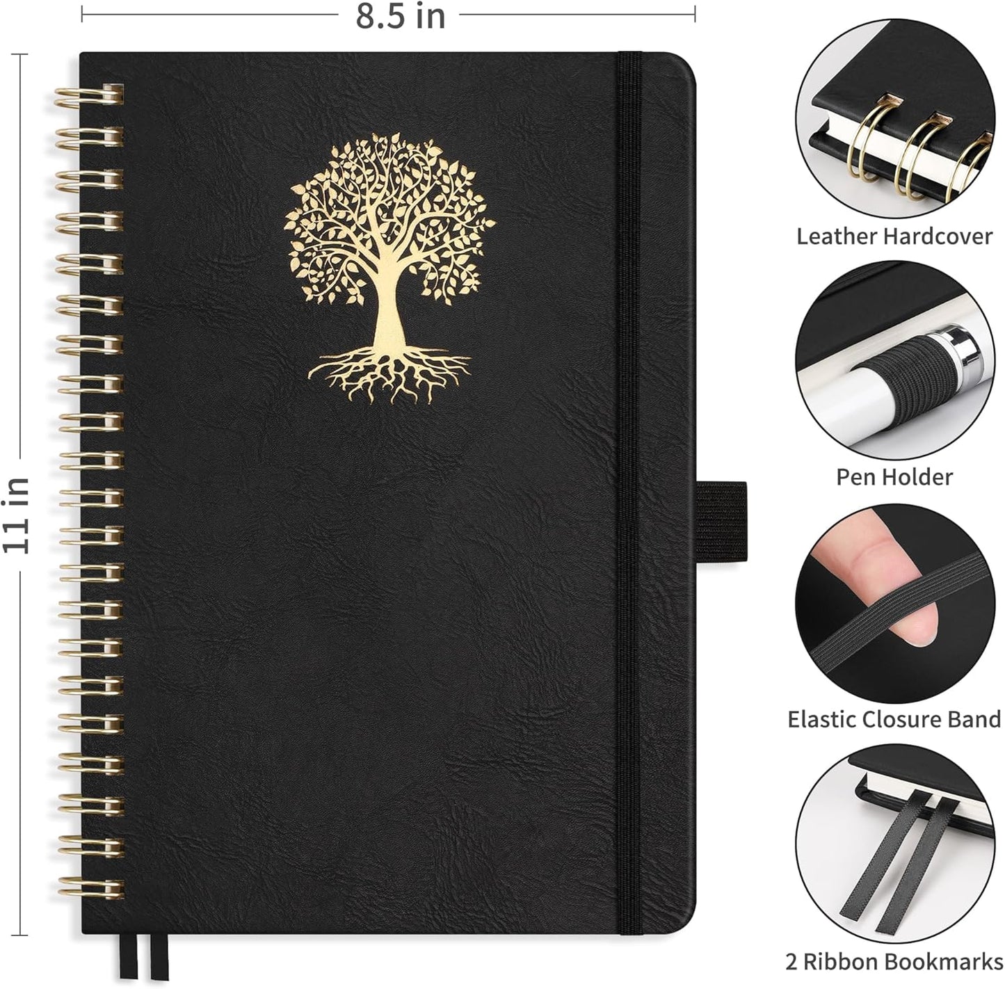 RETTACY Graph Grid Paper Notebook, 110 Pages, A4 Large Size (8.5'' × 11''), 5 Squares per Inch, Leather Hardcover, 100 GSM Thick Paper, for School, Students, Math, Engineering (Black)