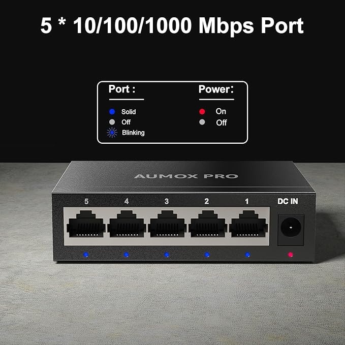 5 Port Gigabit Unmanaged Ethernet Switch, AUMOX PRO Home Network Hub, Office - Image 2