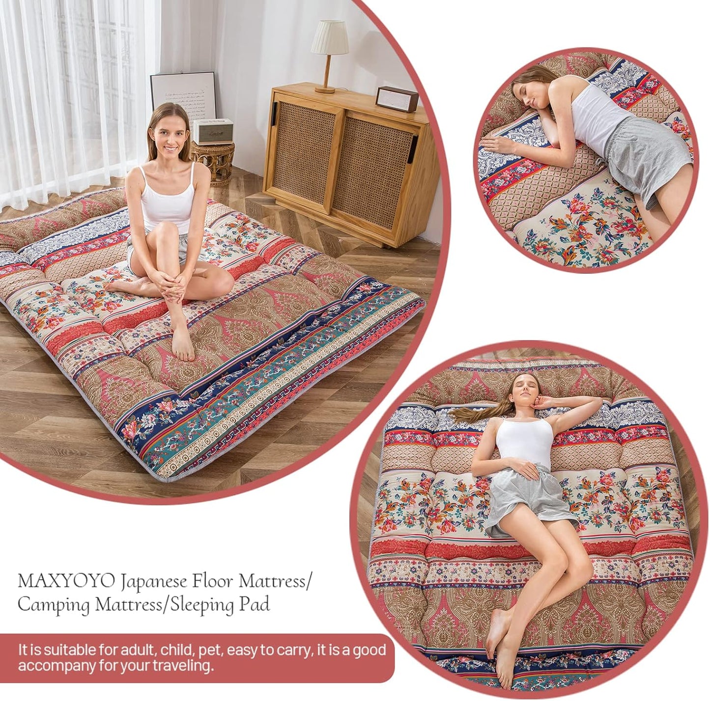 MAXYOYO Bohemian Retro Floor Mattress Vintage Floral Japanese Futon Mattress Roll Up Thicken Sleeping Bed Portable Camping Mattress Floor Lounger Couch Bed Mattress Pad, Full Size