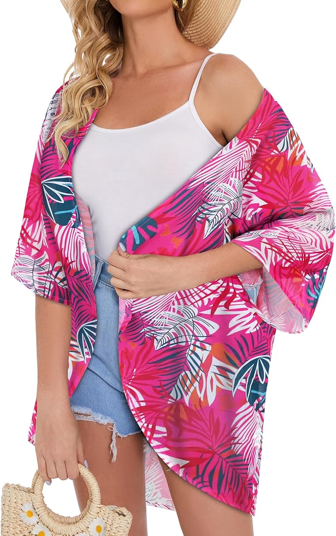 Women's Floral Print Puff Sleeve Kimono Cardigan Loose Cover Up Casual Blouse - Image 4