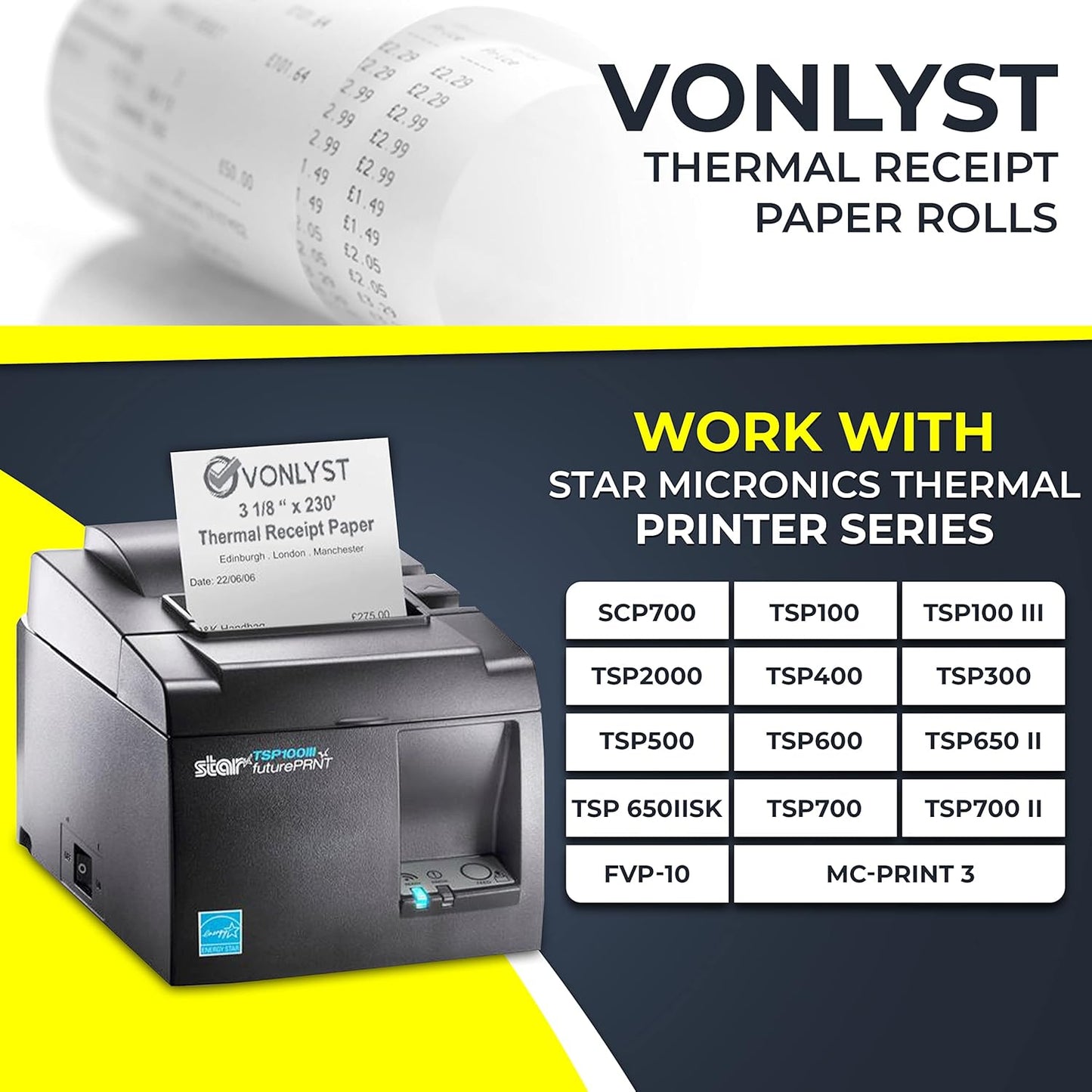 Receipt Paper Roll 3 1/8 x 230 for Square Register and Square POS System connected to Star Micronics Thermal Printer (Pack 12 rolls)