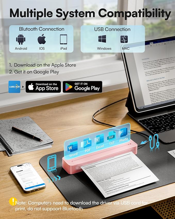 D90E Inkless Portable Printer for Travel, Supports 8.5 x 11 Inch Thermal Paper - Image 2