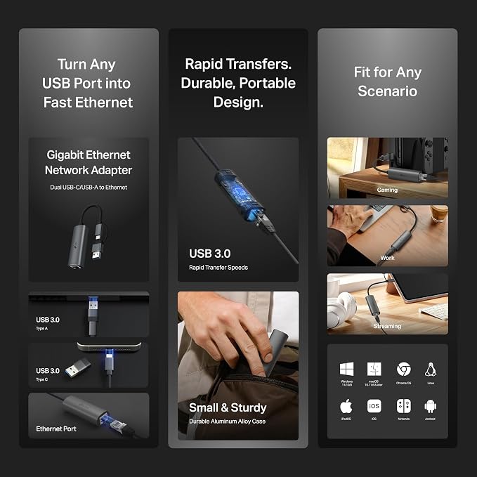 TP-Link 2-in-1 USB 3.0 & USB C to Ethernet Adapter, RJ45 Gigabit LAN, Plug & - Image 2