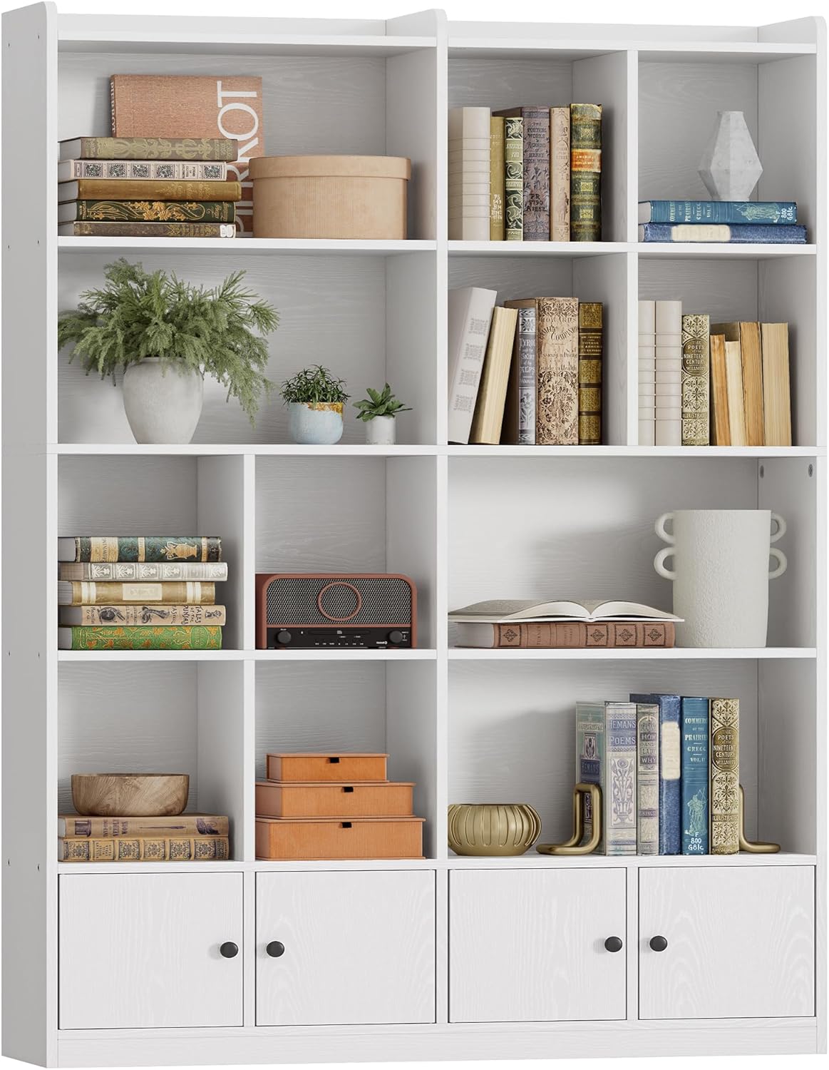 IRONCK Bookshelves and Bookcase, 6 Tiers Large Bookshelf with 4 Doors, Floor Standing Tall Display Storage Shelves for Home Office, Living Room, Bedroom, White