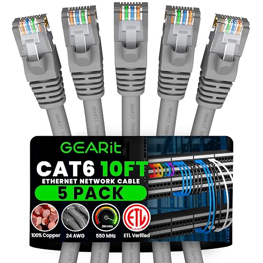 GEARit Cat 6 Ethernet Patch Cable 10 ft Gray Cat6 Patch Cables 10ft by GEARit