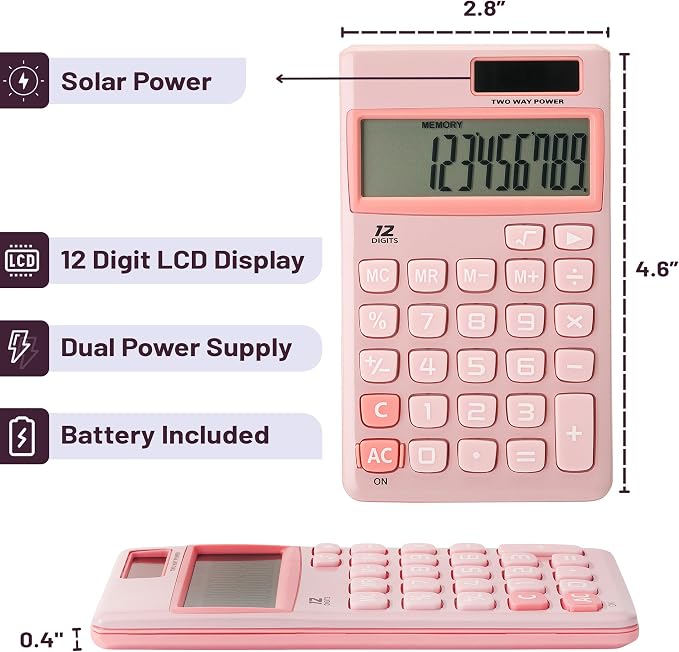 Mr. Pen - Standard Function Solar Calculator, 12 Digits, Light Pink, Pocket Size - Image 2