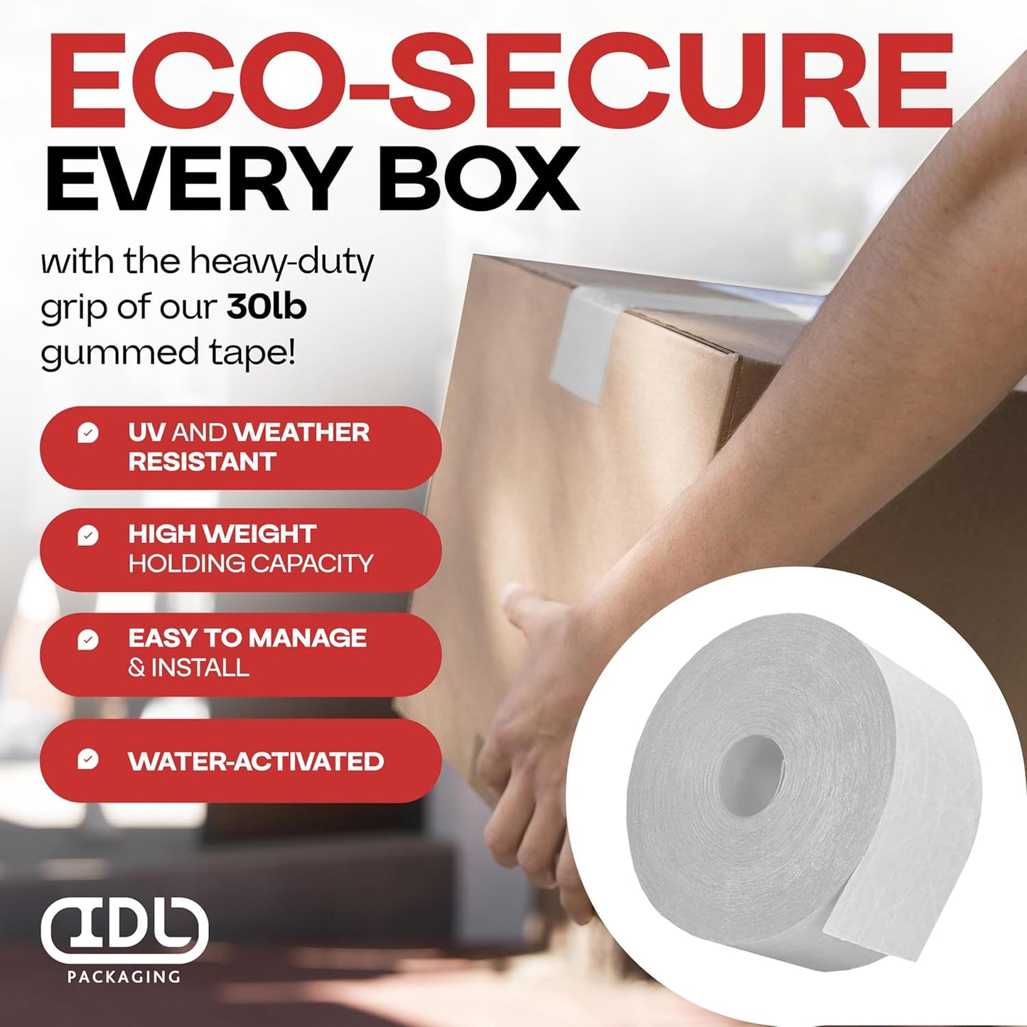 IDL Packaging 2.83" x 450 feet Reinforced Water-Activated Kraft Gummed Tape 30lb Thickness (Pack of 8) - Secure Paper Packing Tape for Secure Carton Sealing - Heavy-Duty for All Conditions, White