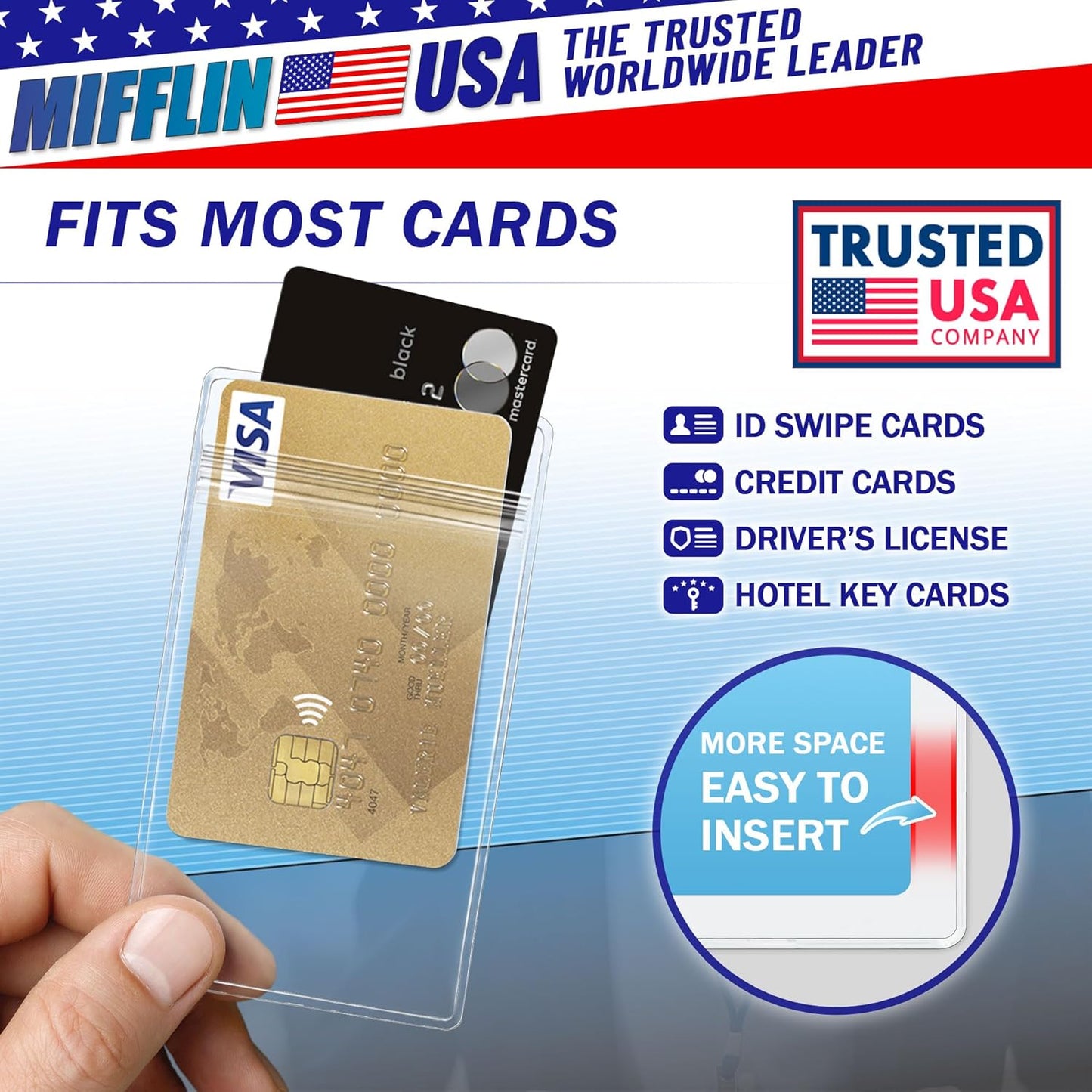 Mifflin-USA Plastic Waterproof ID Badge Holders (Clear, 2.25x3.5 Inch, 50 Pack), Vertical Hanging Name Card Holder with Zipper, Resealable Bulk Nametag Holders