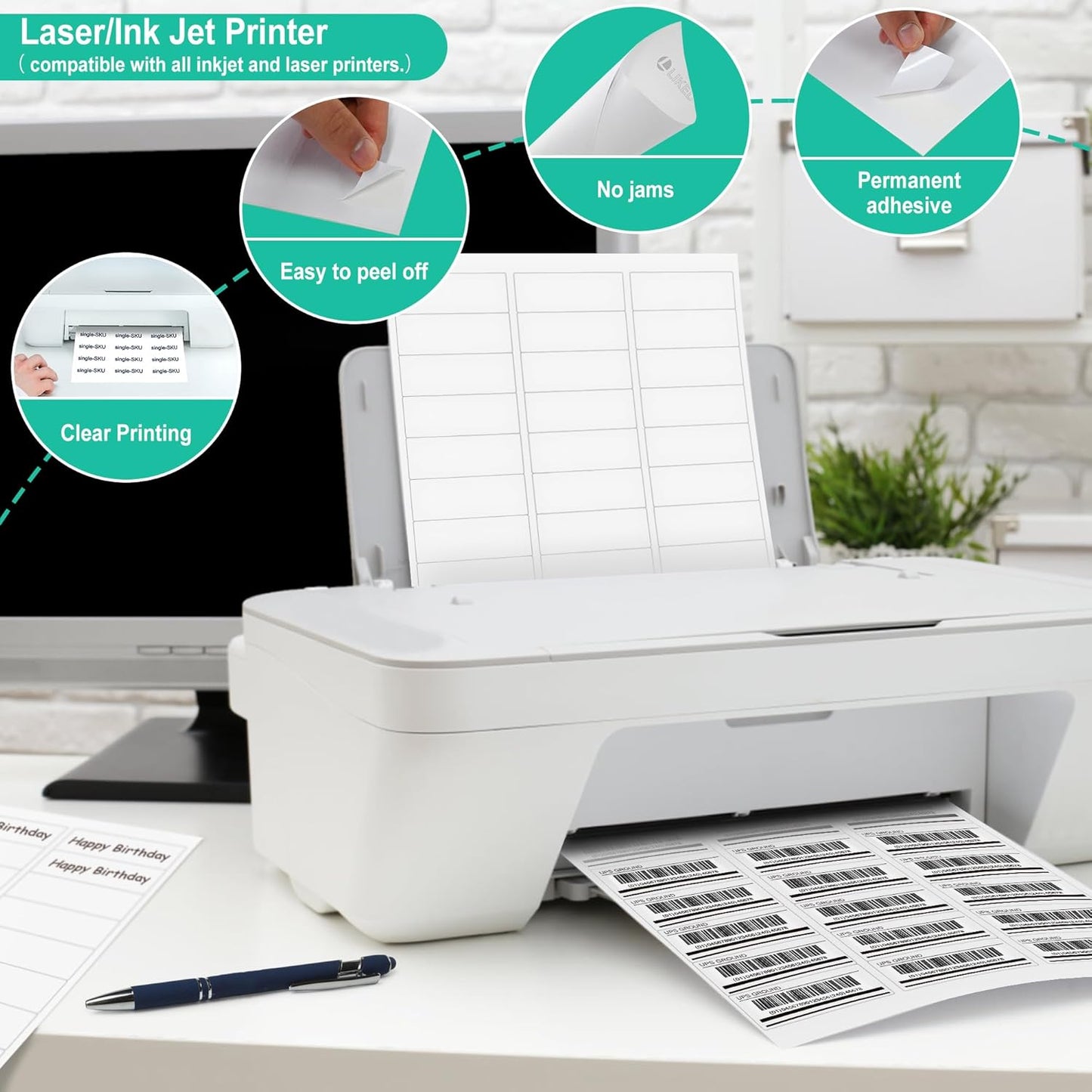 L LIKED Printable Address Labels, 1" x 2-5/8", 3,000 Labels, 30 per Sheet, Label Stickers for Envelopes (100 Sheets)