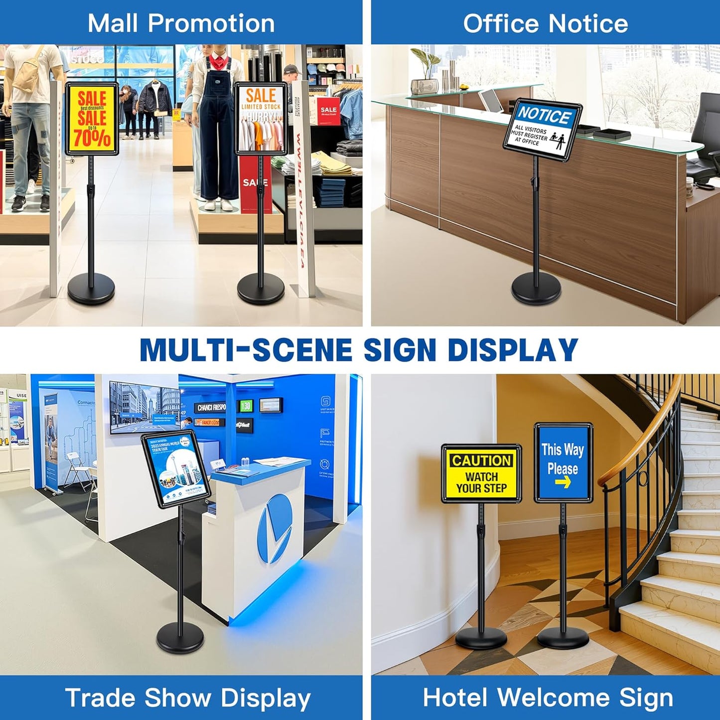 2 Pack Sign Stand for Display - Adjustable 8.5x11 Inch Floor Standing Sign Holder, Pedestal Poster Stand for Vertical&Horizontal View, Indoor&Outdoor Use for Business, Mall, Restaurant - Black
