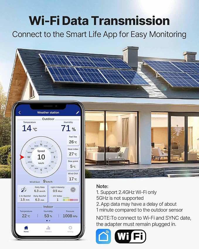 VEVOR 7-in-1 Wi-Fi Weather Station, 7-Inch TFT Display, Wireless Solar Powered - Image 10