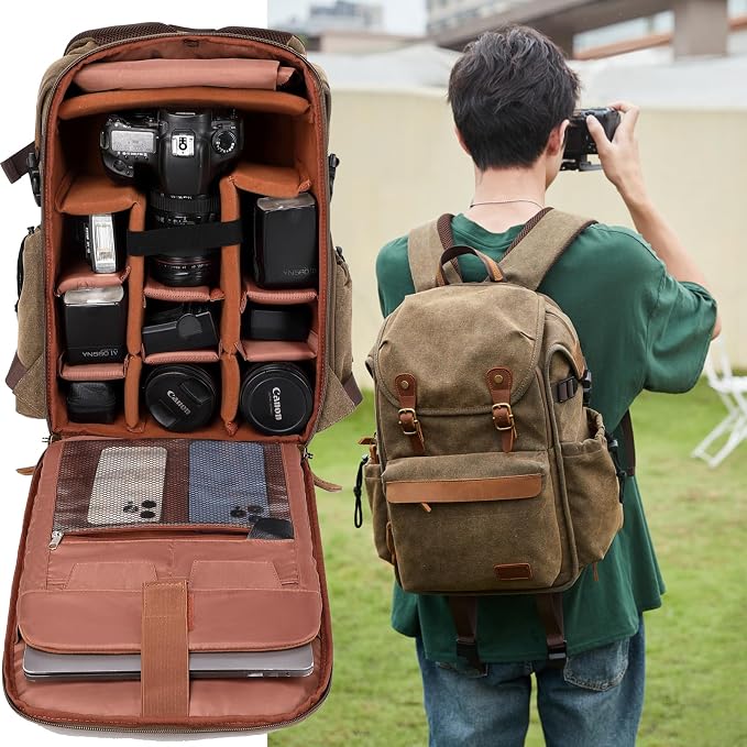 Vintage Canvas Camera Backpack for DSLR/Mirrorless & Drone, Waterproof - Image 3