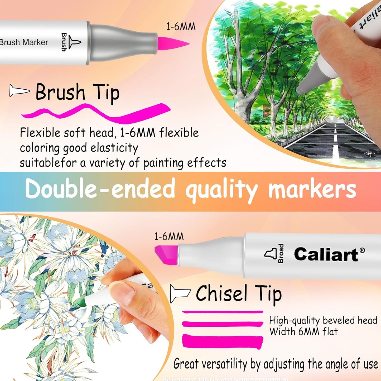 Caliart 18 Colors Brush & Chisel Permanent Alcohol Markers, Dual Tip Artist Sketch Art Markers Set for Adult Coloring Book, Aesthetic Cute School Supplies, Pens for Drawing Coloring Illustrations