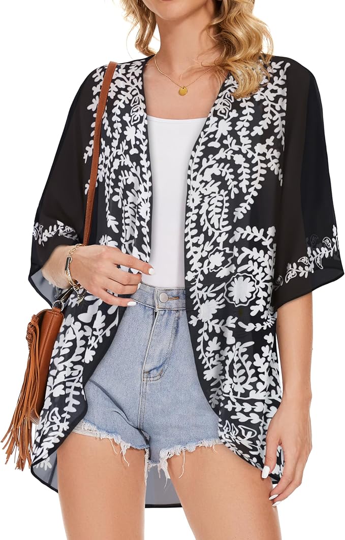 Women's Floral Print Puff Sleeve Kimono Cardigan Loose Cover Up Casual Blouse - Image 7