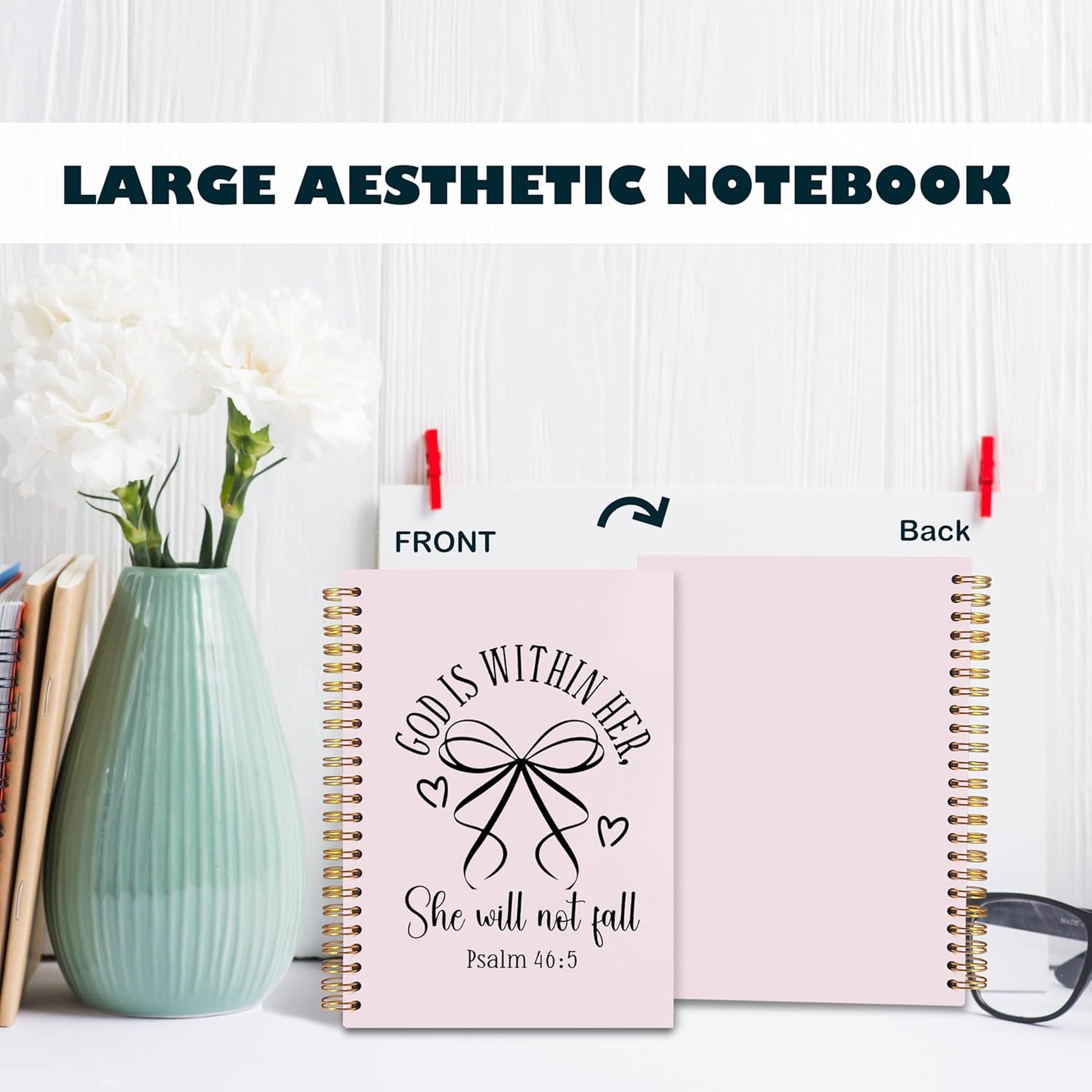 BearCake Pink Coquette Bow Christian Notebook Journal, God is Within Her She Will Not Fall Bible Journal for Women, Christian Religious Gifts for Woman, Hardcover Spiral Notebook 5.5x8.3