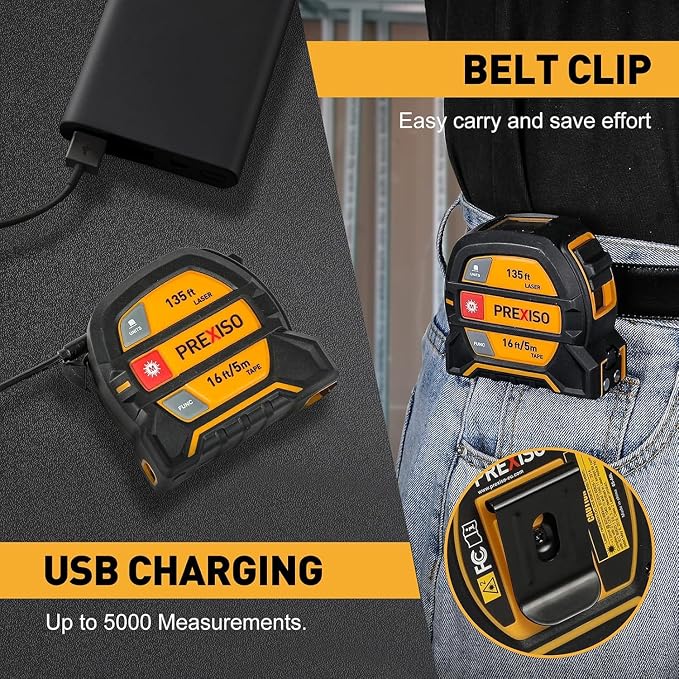 PREXISO 2-in-1 Laser Tape Measure, 135Ft Rechargeable Measurement Tool & 16Ft - Image 8