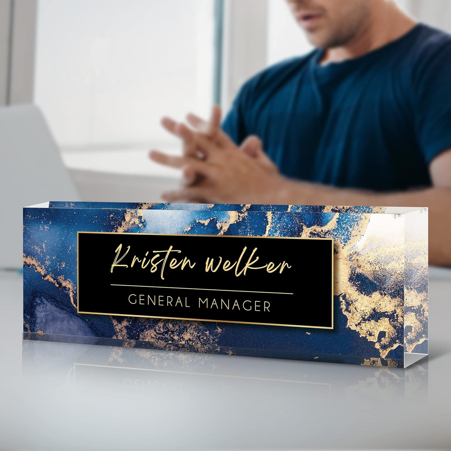 Desk Name Plate Personalized, Premium Blue Marble Acrylic Desk Name Plate, Personalized Name Plate for Desk, Office Decor for Women or Men Coworkers, Boss, Employee, Teacher