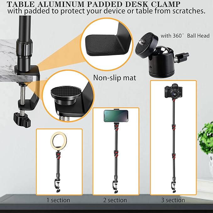 Overhead Camera Mount Desk Stand, 3-Section Flexible Detachable Articulating Arm - Image 3
