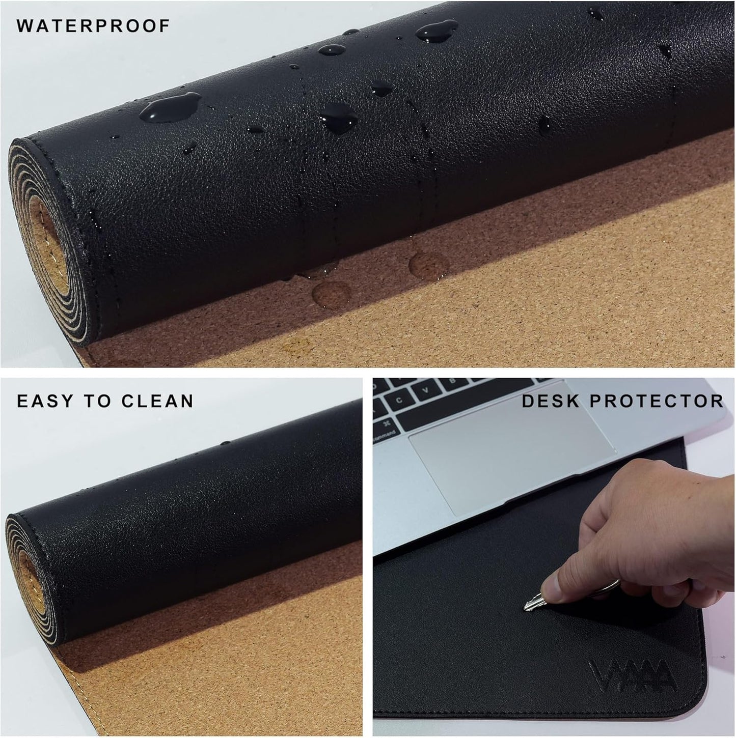 Vyaaa 74.8"x19.6" PU Leather & Cork Large Desk Mat (Black) - XXL Extended Mouse pad, Reversible Desk Protector, Non-Slip Computer Desk pad for Office, Gaming, Home