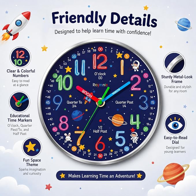 Roymnie Wall Clock Learning to Tell Time Easily Non Ticking Battery Operated - Image 7