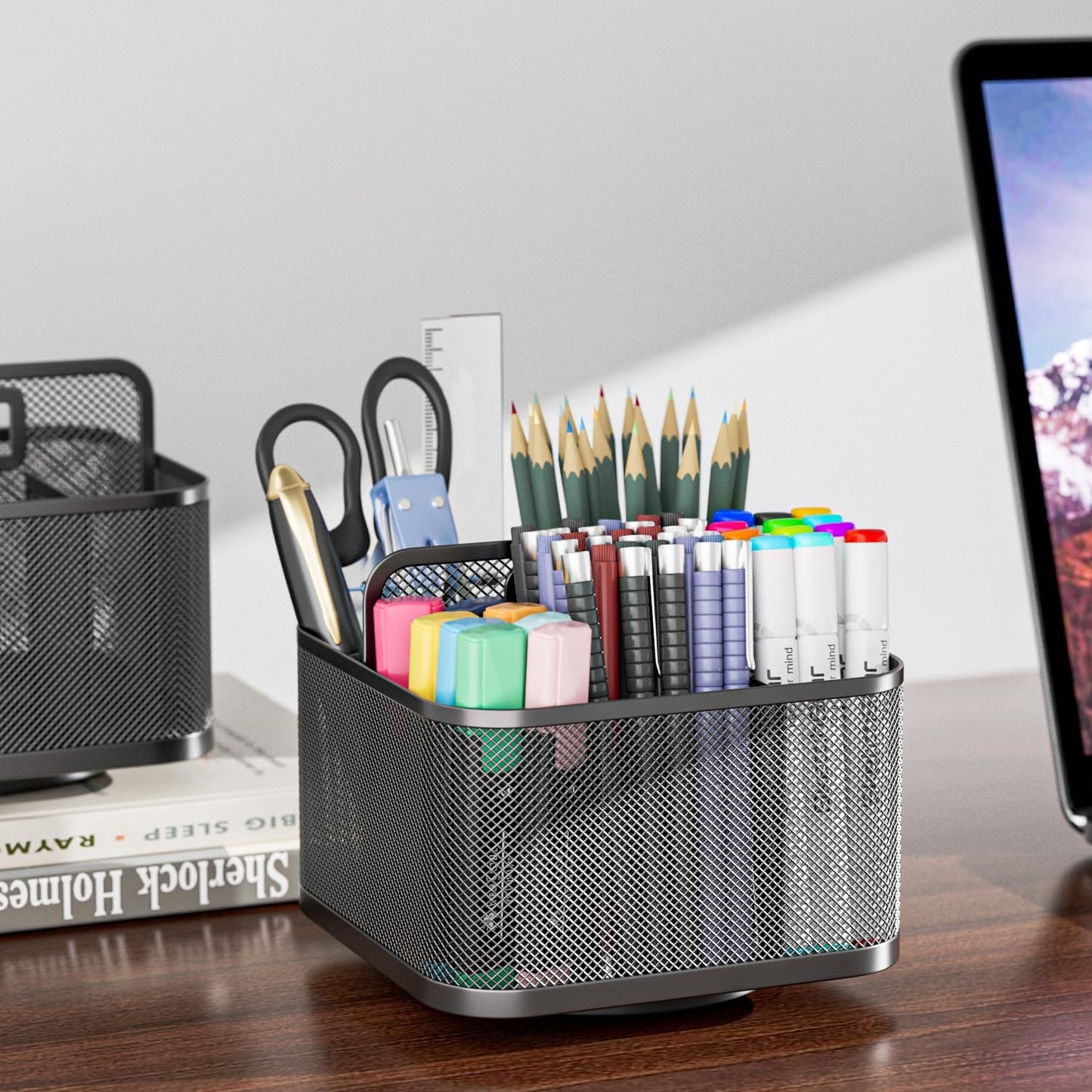 LUCYCAZ 360 Rotating Metal Pencil Pen Holder for Desk, Rotating Pencil Cup with 5 Slots, Dual-Purpose Desk Pen Organizer for Office, School, Home, Square