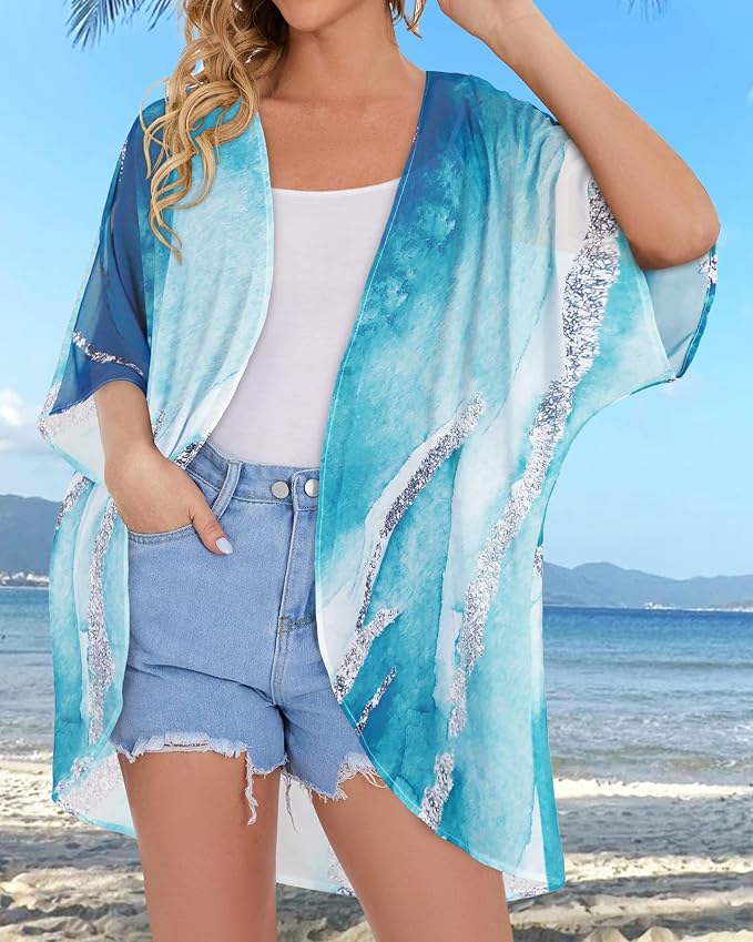 Women's Floral Print Puff Sleeve Kimono Cardigan Loose Cover Up Casual Blouse - Image 3