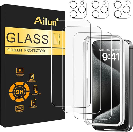 Ailun 3 Pack Screen Protector for iPhone 15 Pro Max + 3 Pack Camera Lens by Ailun