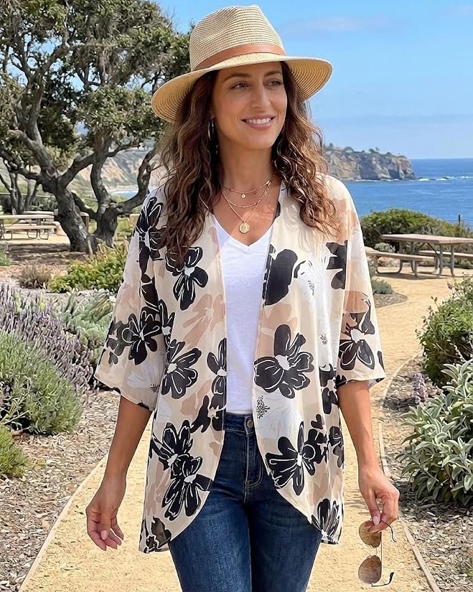 Women's Floral Print Puff Sleeve Kimono Cardigan Loose Cover Up Casual Blouse - Image 2