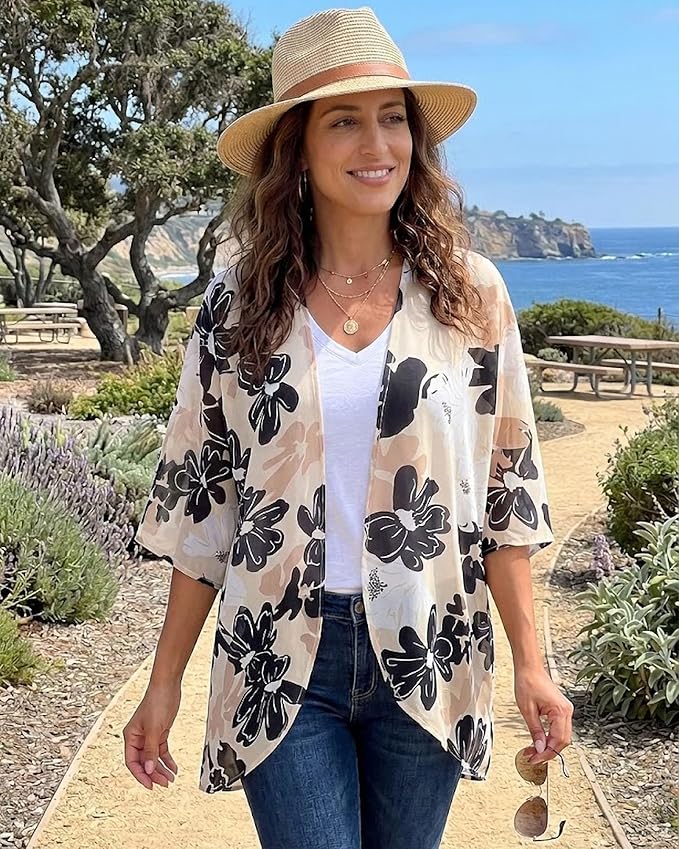 Women's Floral Print Puff Sleeve Kimono Cardigan Loose Cover Up Casual Blouse - Image 2