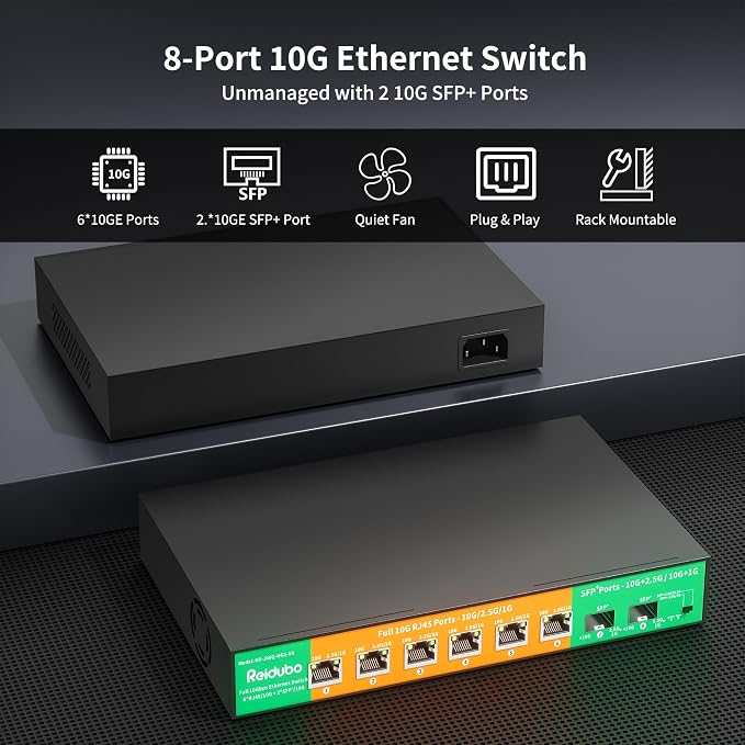 8-Port 10Gb Ethernet Switch Unmanaged, 6 x 10G RJ45 Ports, 2 x 10G SFP+ Ports - Image 6