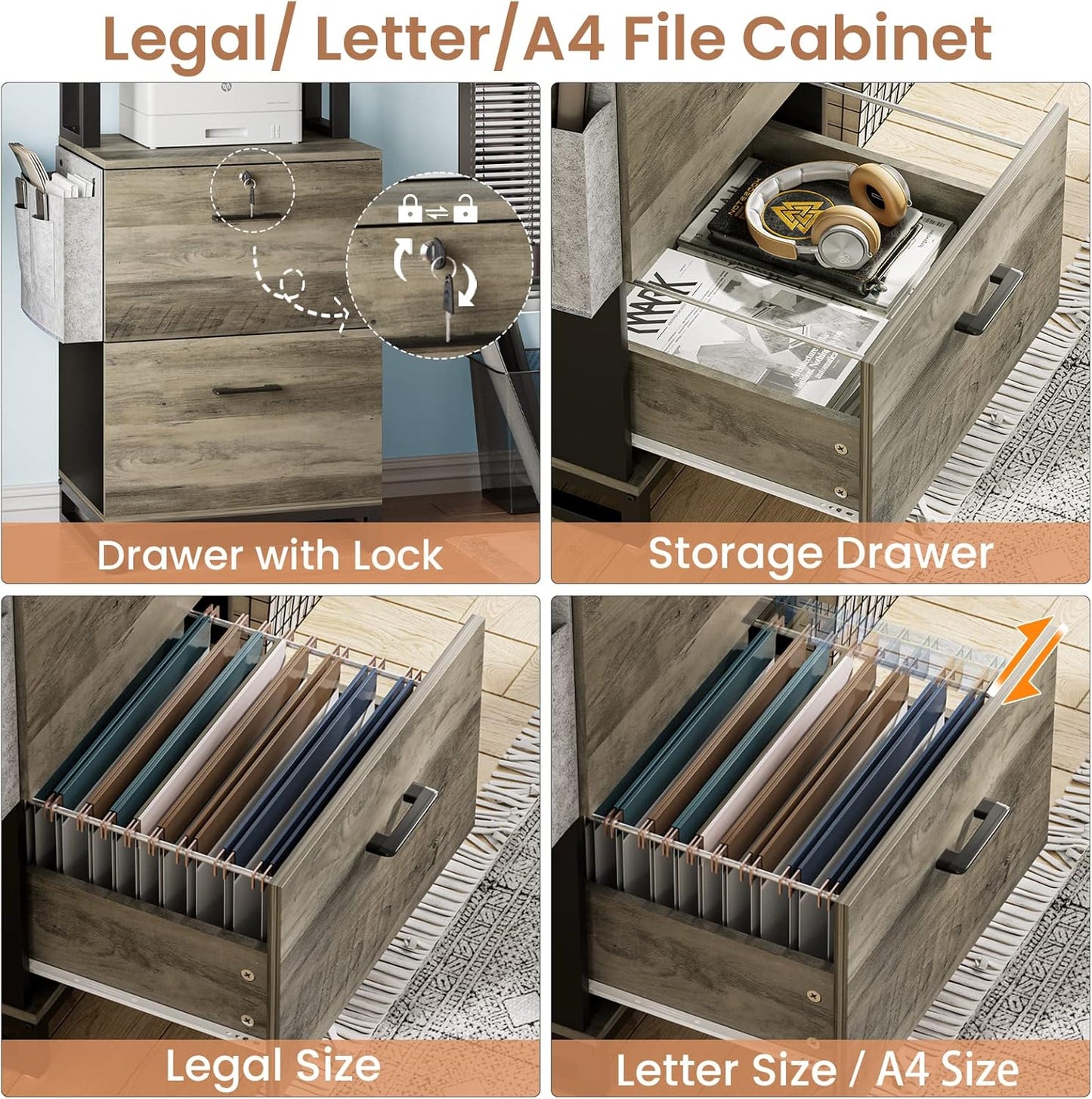 Itaar 2 Drawer File Cabinet with Lock, Filing Cabinet fits Letter, Legal, A4 Size, Hanging File Folders, File Cabinets for Home Office with Adjustable Storage Shelf and Hook, Grey