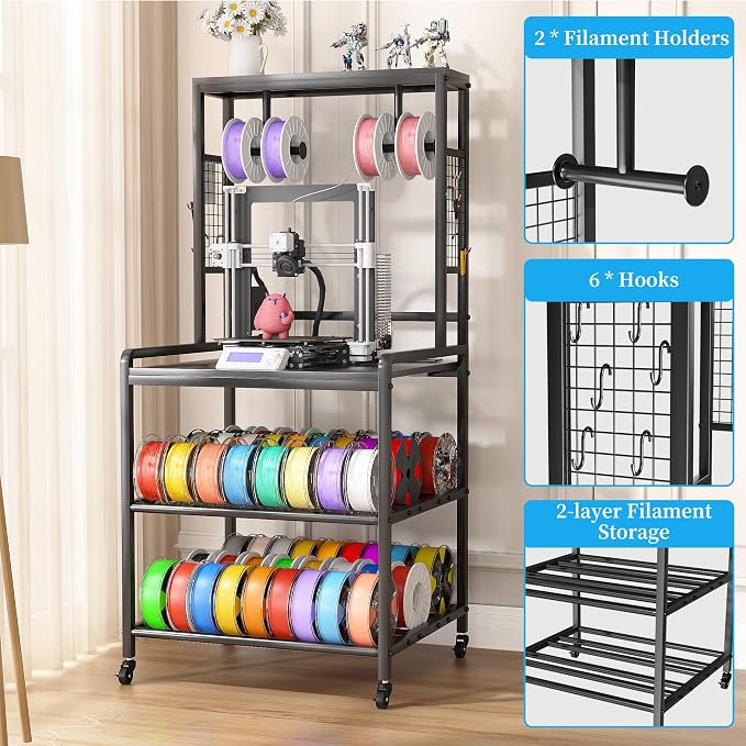 Kepproty 3D Printer Stand with Power Outlet, Rolling Storage Cart w/Filament - Image 4