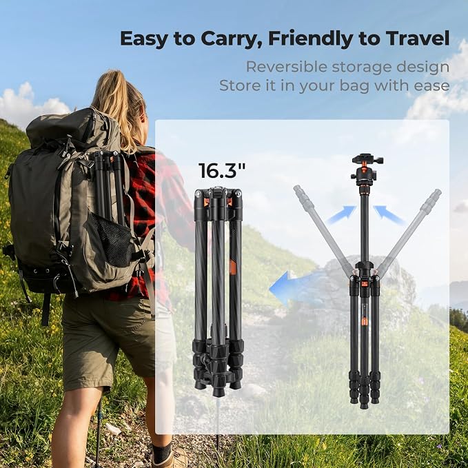 K&F CONCEPT 64" Carbon Fiber Camera Tripod, Lightweight Travel Tripod - Image 3