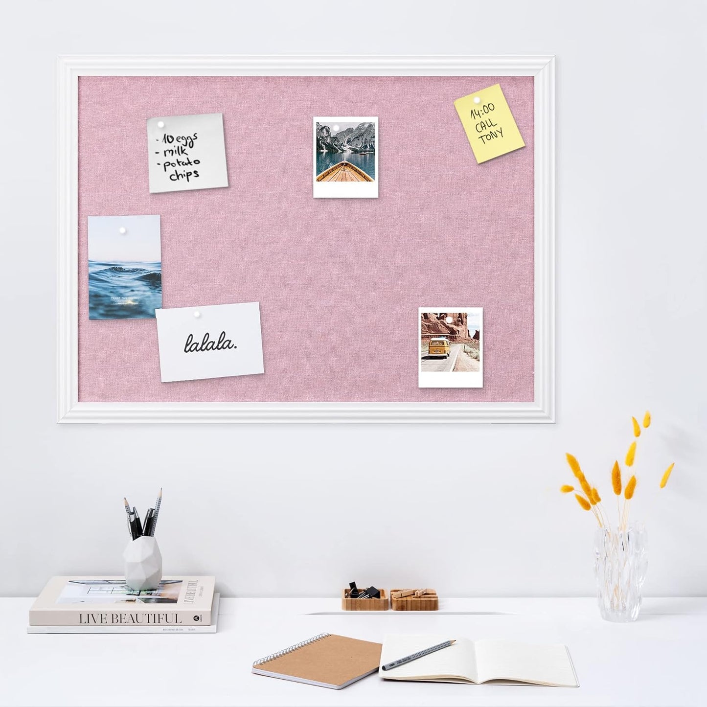 Navaris Framed Linen Bulletin Board - 17 x 23 inches Fabric Jewelry Organizer Pinboard for Wall Memory Memo Pin Board - Pink Linen with White Frame