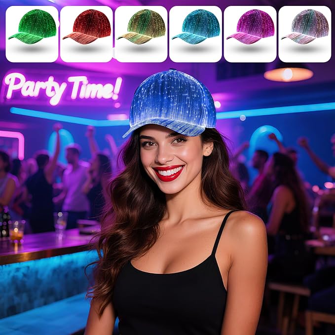 LIOVODE LED Hat, 7 Colors Baseball Cap Light Up Rave Hat Fiber Optic Luminous - Image 2