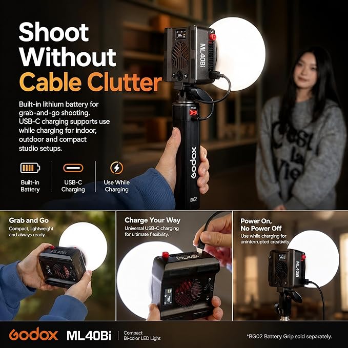 Godox ML40Bi Bi-Color LED Video Light, Portable COB Photography Light - Image 6