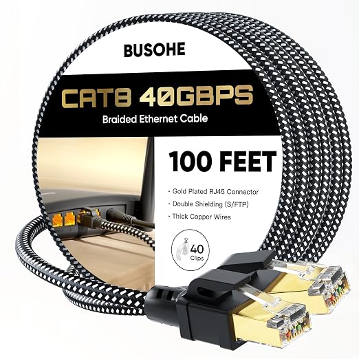 BUSOHE Cat 8 Ethernet Cable 100 FT, High Speed 40Gbps 2000Mhz Braided Network by BUSOHE
