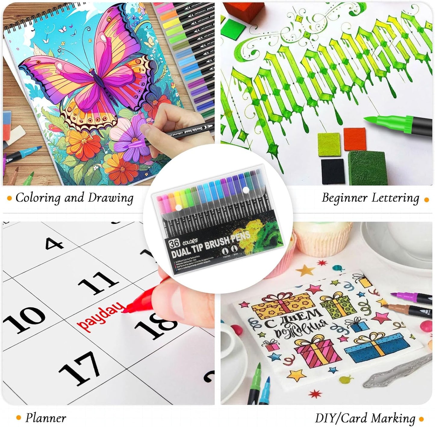 3Pcs Adult Coloring Book for Women Relaxation, 36 Colors Markers with Spiral Bound Adult Coloring Book for Women, 36 Dual Tip Colors Markers, Anxiety Relief Mindfulness Gifts(Ocean & Bird & Butterfly)
