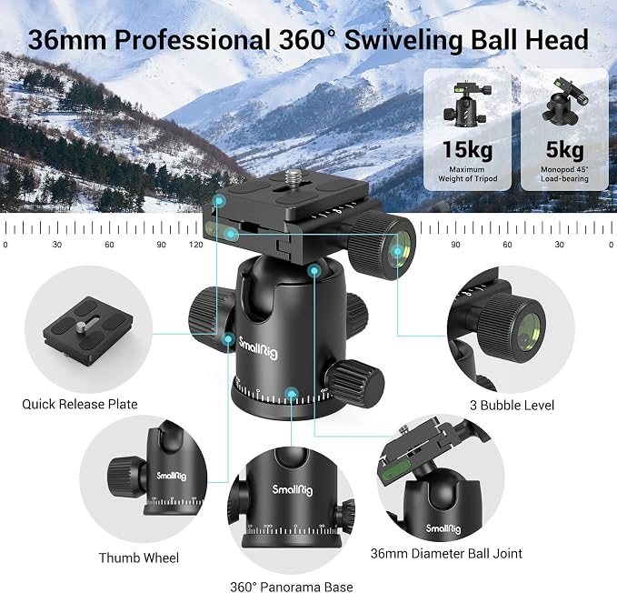 SmallRig Camera Tripod, 360°Ball Head Detachable, Payload 33lb, Adjustable - Image 3