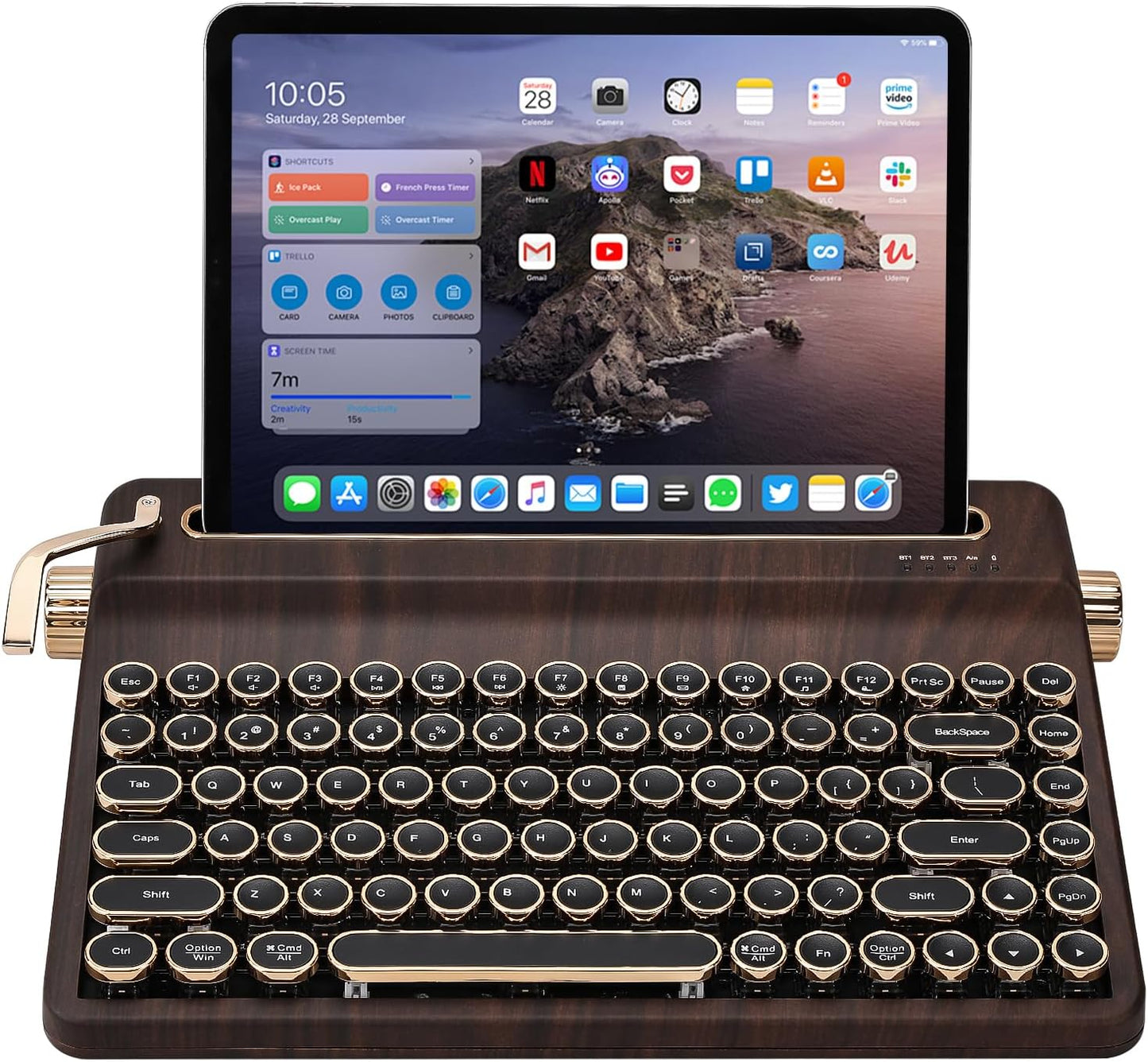 YUNZII QL75 Wireless Typewriter Hot Swap Retro Mechanical Keyboard,Punk Round Keycaps,RGB Backlit QMK/VIA Programmable, Multi-Device Keyboard with 2.4GHz/Type-C/BT5.0 (Wood, Onyx Switch)