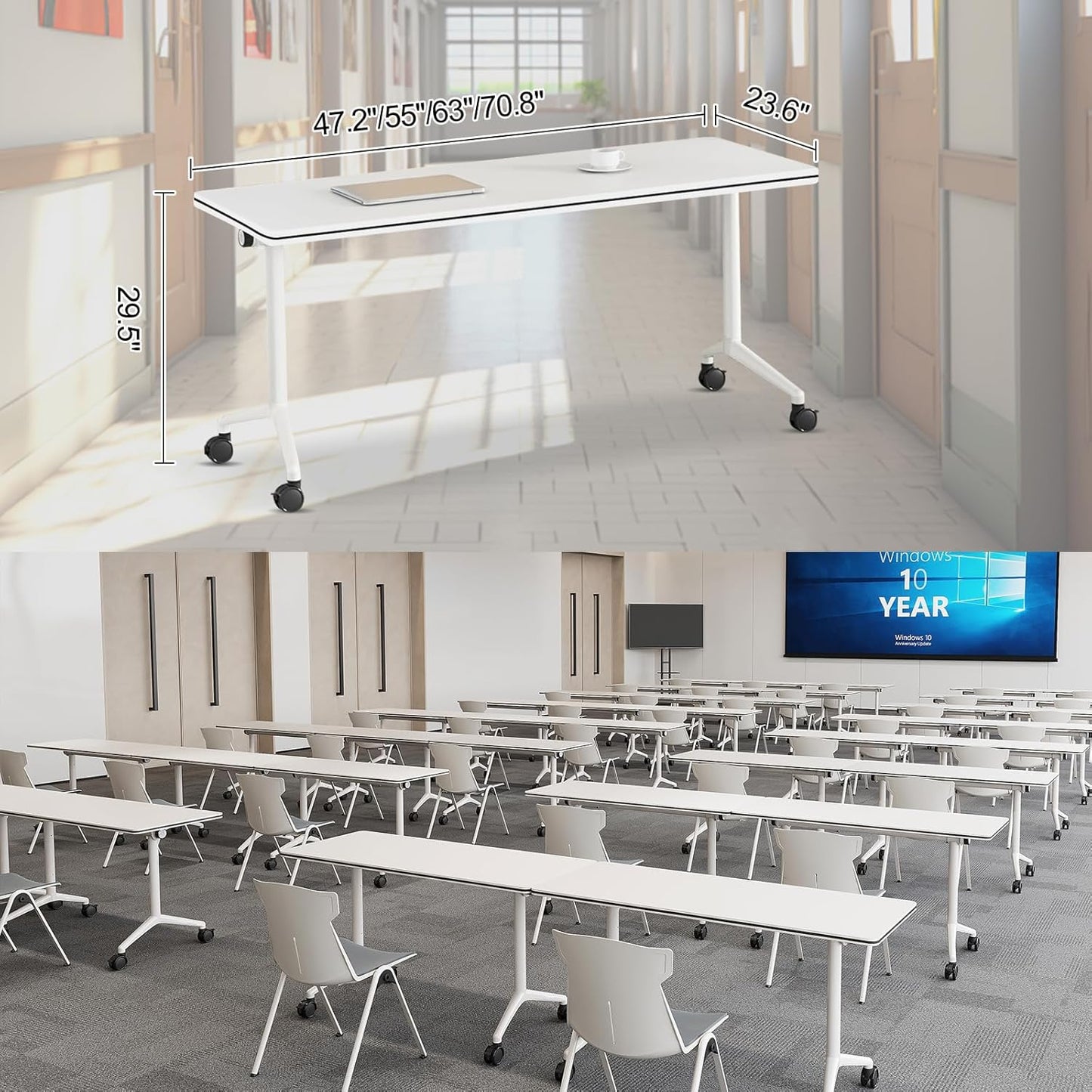 Folding Conference Room Tables 6 Pack, Foldable Modern Mobile Meeting Table Desk Training Table 6FT Large Rolling OfficeTable for Conference Training Classroom (2, 63" * 23.6" * 29.5")