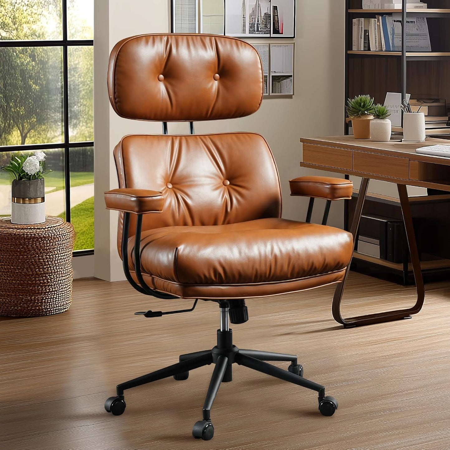 Mid Century Modren Big and Tall Office Chair,Large Ergonomic Executive Chair for Heavy Duty People, Computer Desk Task Chair with Wheels, Faux Lether Fabric Wide Chair for Home Sturdy,Brown(PU)