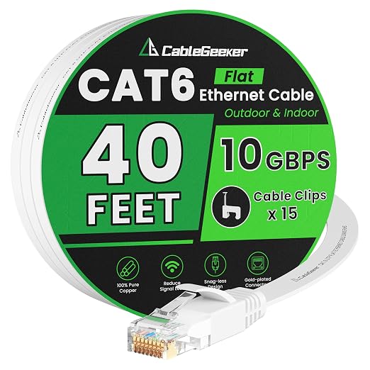 Cat 6 Ethernet Cable 40 ft, Indoor&Outdoor, High Speed 10Gbps Flat Internet by CableGeeker