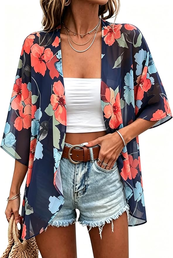 Women's Floral Print Puff Sleeve Kimono Cardigan Loose Cover Up Casual Blouse by CHICGAL