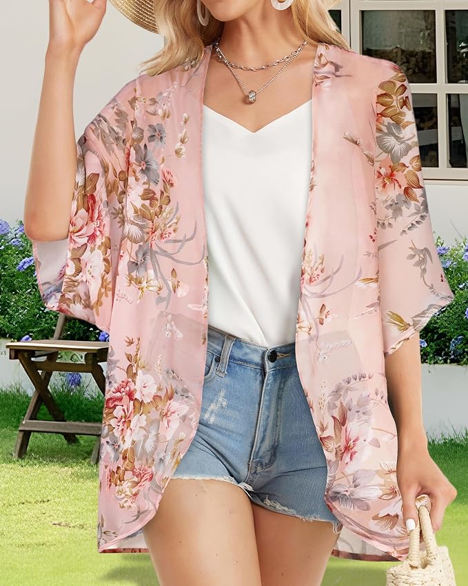 Women's Floral Print Puff Sleeve Kimono Cardigan Loose Cover Up Casual Blouse - Image 3