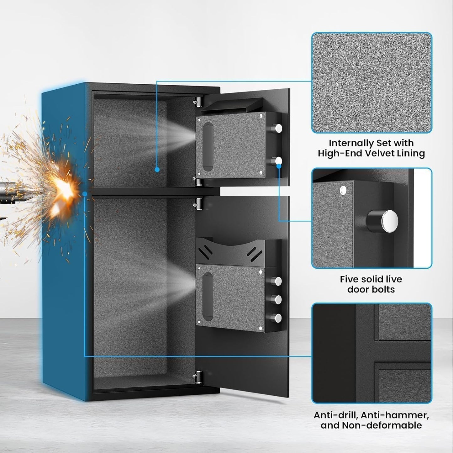 6.0 Cu ft Large Safe Box Fireproof Waterproof,with LED Light fire proof safe for home documents,Fingerprint password personal Safes with Deposit Slot & Dual Alarm System，Security Box fo Valuables