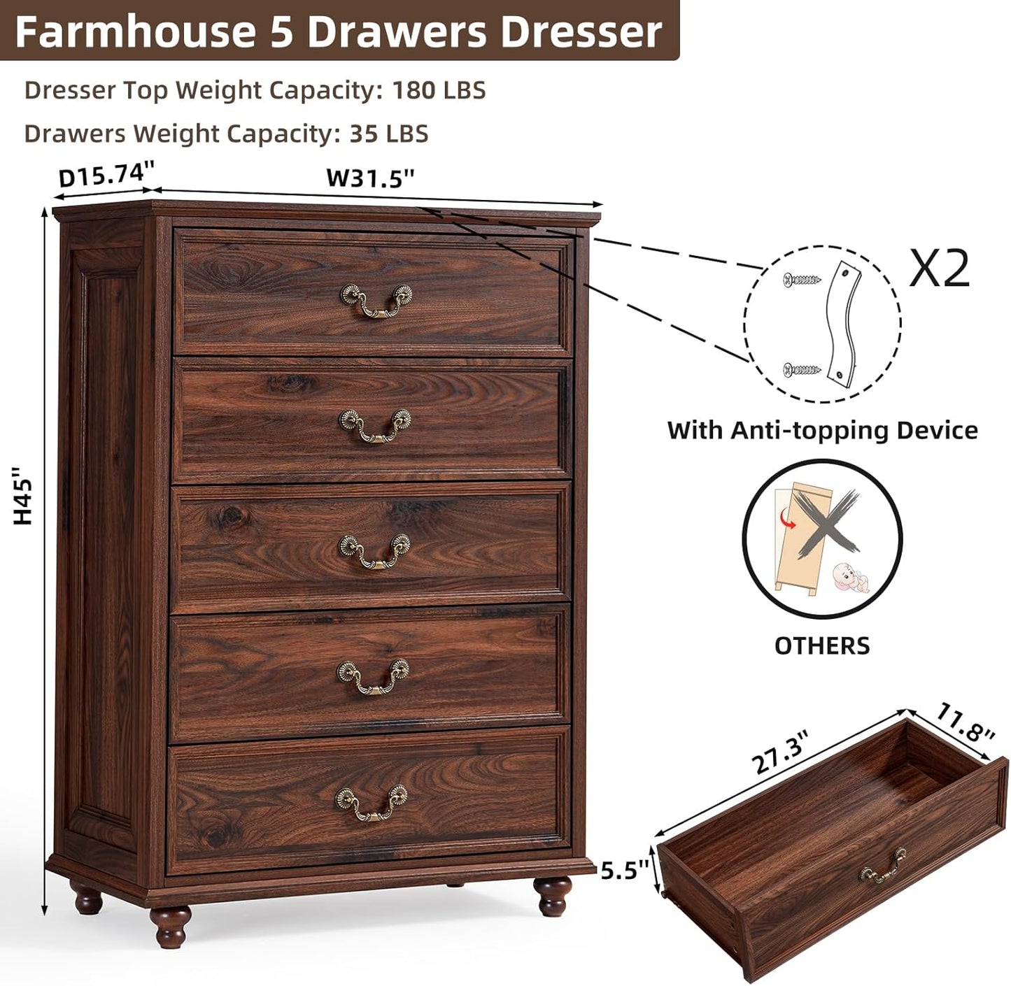 Farmhouse 5 Drawer Dresser for Bedroom, 45" Tall Rustic Chests of Drawers w/ 4 Solid Wood Feet, Mid Century Modern Wooden Closet Storage Dressers Organizer for Living Room, Hallway, Brown