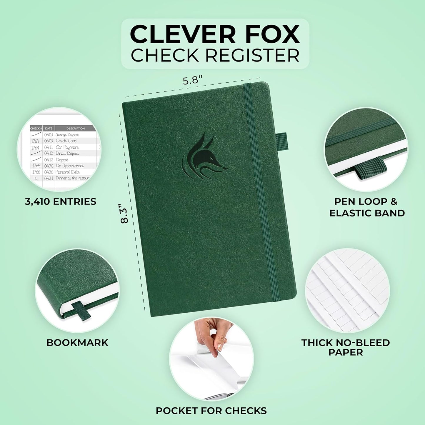 Clever Fox Check Register Book - Deluxe Transaction Register, Accounting Ledger Book, Checkbook Register & Checking Account Register Book for Personal and Work Use, A5 Hardcover - Dark Green