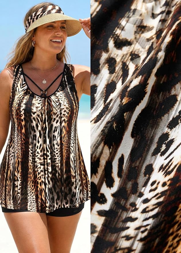 MODLILY Tummy Control Womens Tankini Swimsuits, Two Piece Metal Ring Bathing - Image 7